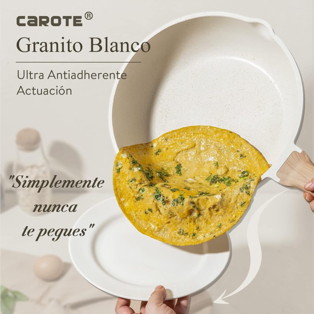 Juego de sartenes CAROTE 14 piezas en granito blanco sobre mesa de cocina