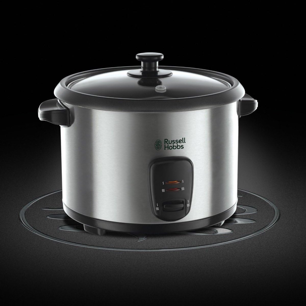 Arrocera Russell Hobbs Cook@Home de 1.8L, color gris acero, con tapa de vidrio y bandeja de vapor, cocinando arroz esponjoso perfecto para comidas latinas