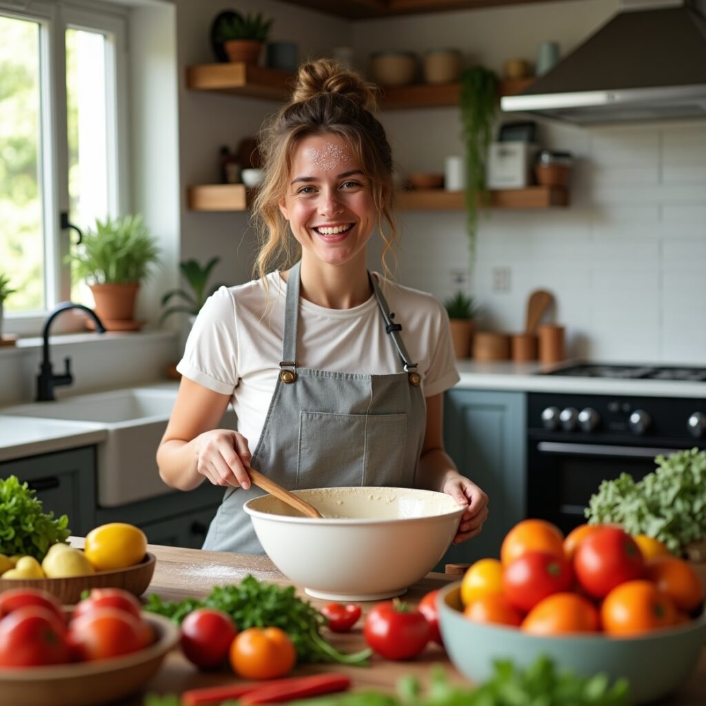 Mujer cocinando una comida saludable en casa con ingredientes frescos sobre una encimera