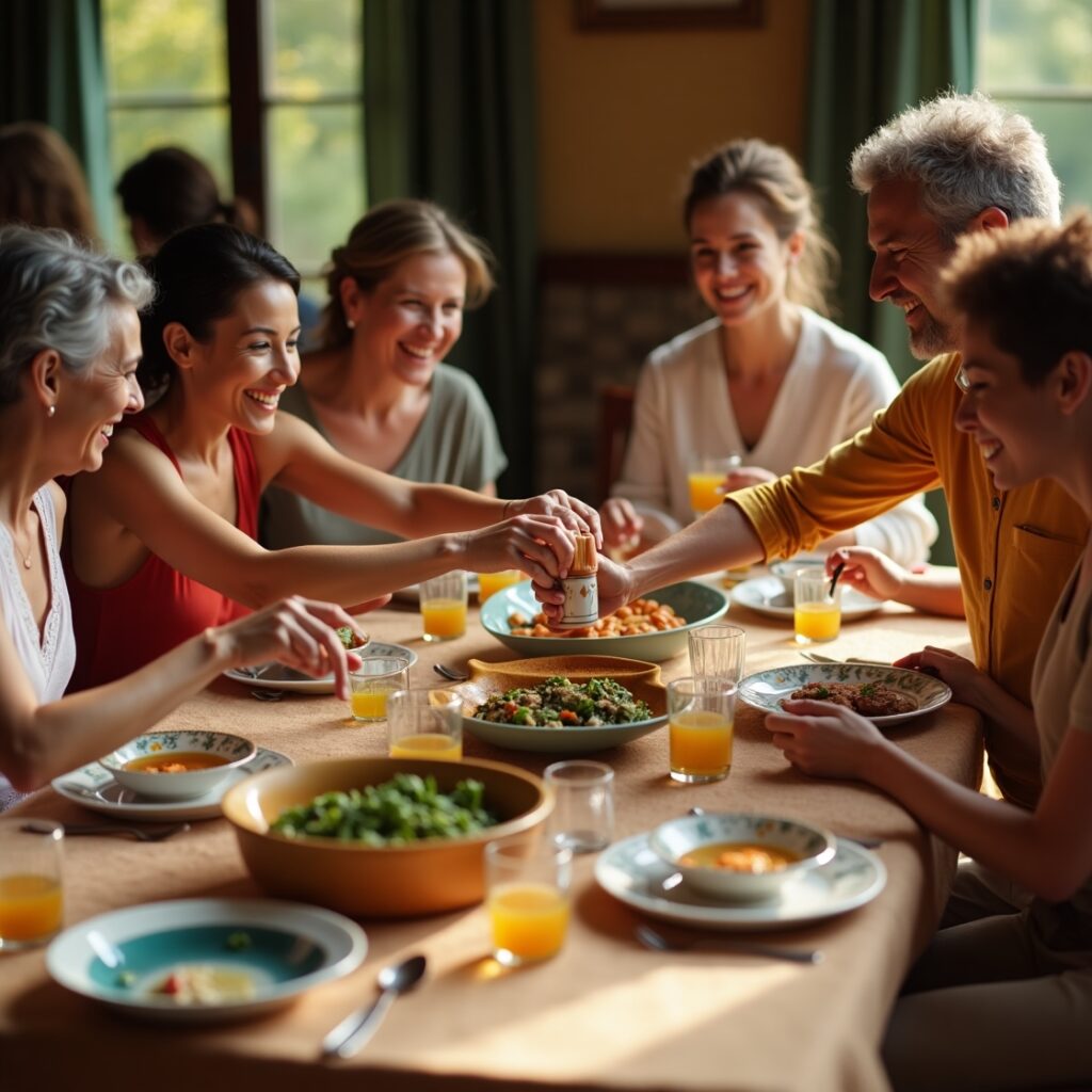 Familia feliz cocinando junta en casa, compartiendo una comida casera y sonriendo.