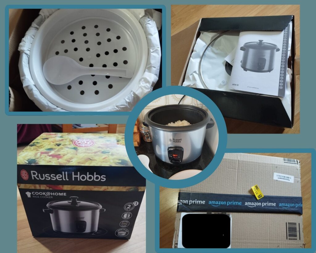 Unboxing de la arrocera Russell Hobbs Cook@Home: caja abierta mostrando la olla, accesorios y manual de instrucciones